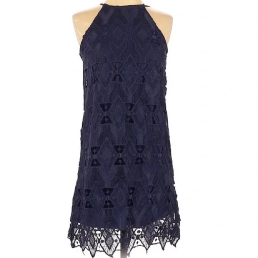 NWOT Lace Halter Dresss fully lined Navy Blue 19” PTP